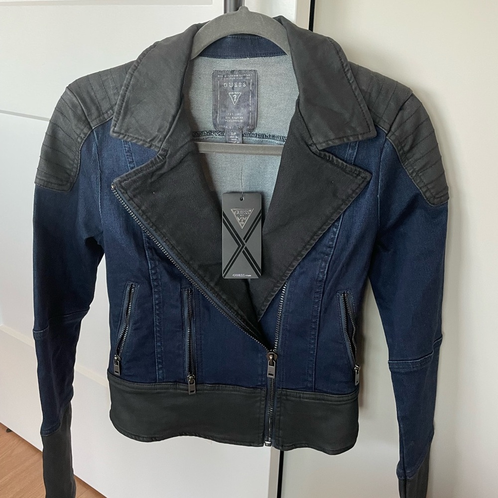 Guess denim faux leather biker jacket.